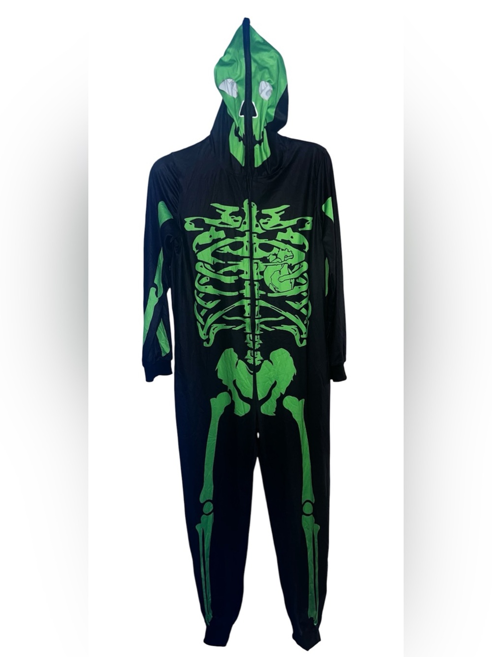 Skeleton Zip Up One-piece Halloween Costume Mask Body Suit Green Black One Size
